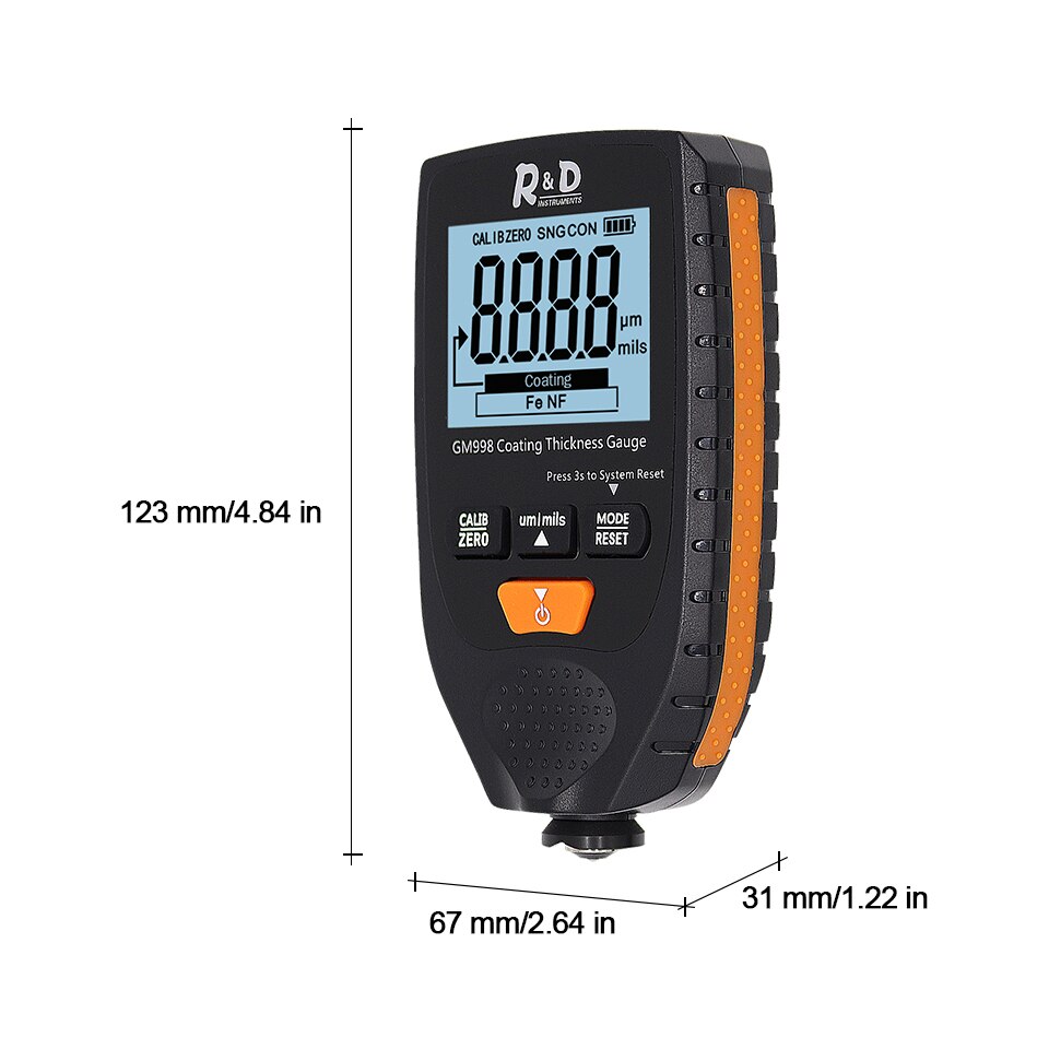 R &amp; D – jauge d'épaisseur de revêtement de peinture automobile, testeur d'épaisseur de revêtement métallique, 0-1500um, sonde Fe &amp; NFe GM998
