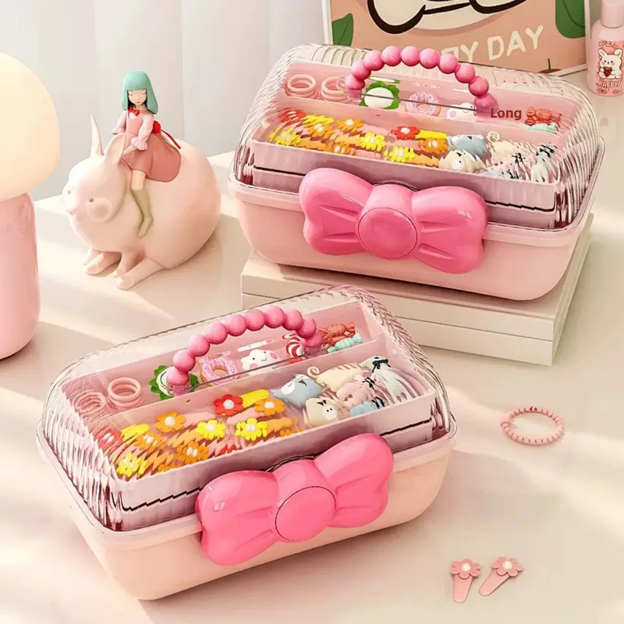 Large Capacity Hair Accessories Storage Box Transparent Cover Necklace Organizer Desktop Children's Hair Accessories Organizer