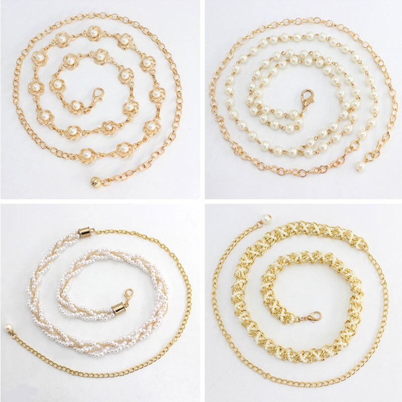 Cinturón de Metal decorativo con perlas para mujer, Cinturón fino con gancho de cuentas, cadena de cintura, vestido, 1 ud.