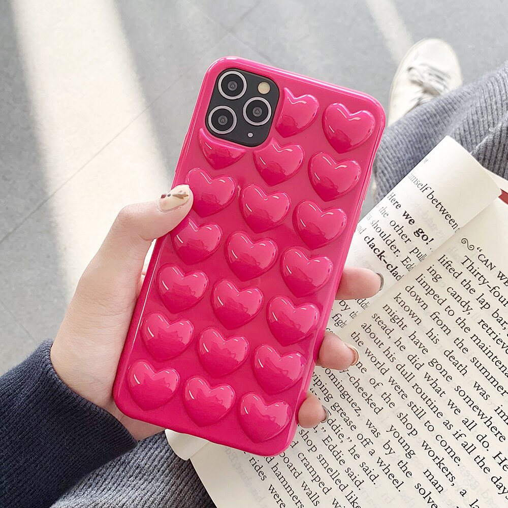 Lovecom 3D Hart Telefoon Case Voor Iphone 11 Pro Max Xr Xs Max 7 8 6 Plus Case Soft tpu Candy Kleur Telefoon Cover Met Lanyard: For iPhone 6 6S / Rose Red