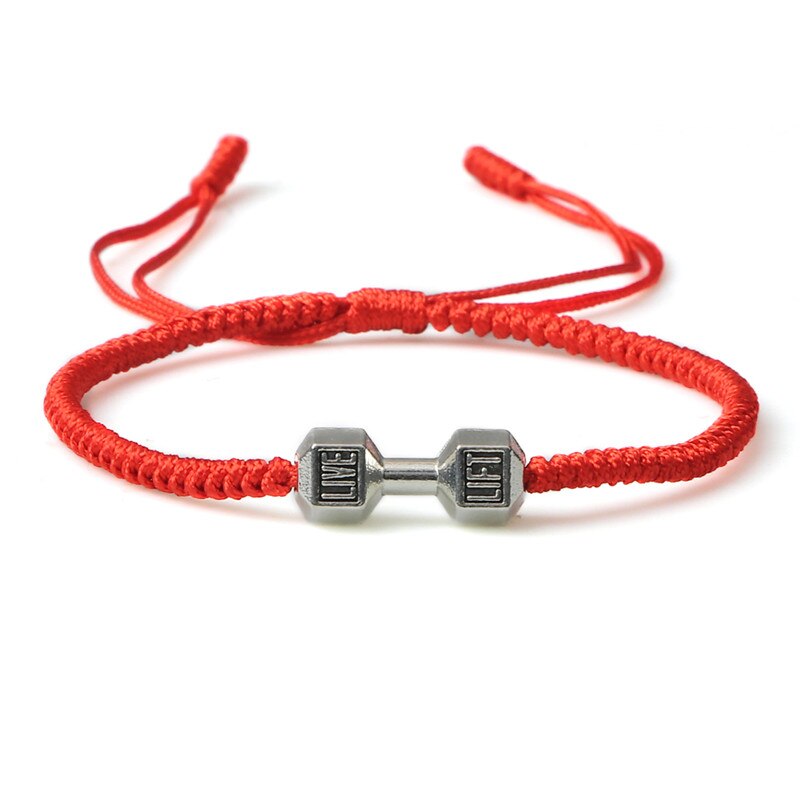 Charme Tibetischen Buddhistischen Woven Hanteln Armbänder &amp; Armreifen Für Frauen Männer Glück Handgemachte Knoten Seil Armband Barbell Bead Schmuck: Red-silver