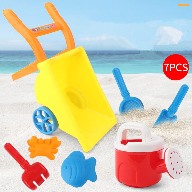 7Pcs/Set Kids Beach Toy Trolley Summer Beach Play Sand Kits Kettle Shovel Rake Mold Children Outdoor Water Fun Toys Random Color: 6886