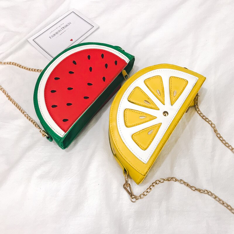 Damenhandtasche aus pu-leder, niedliche umhängetasche mit fruchtmotiv und kette, orangefarbene wassermelonen-tasche