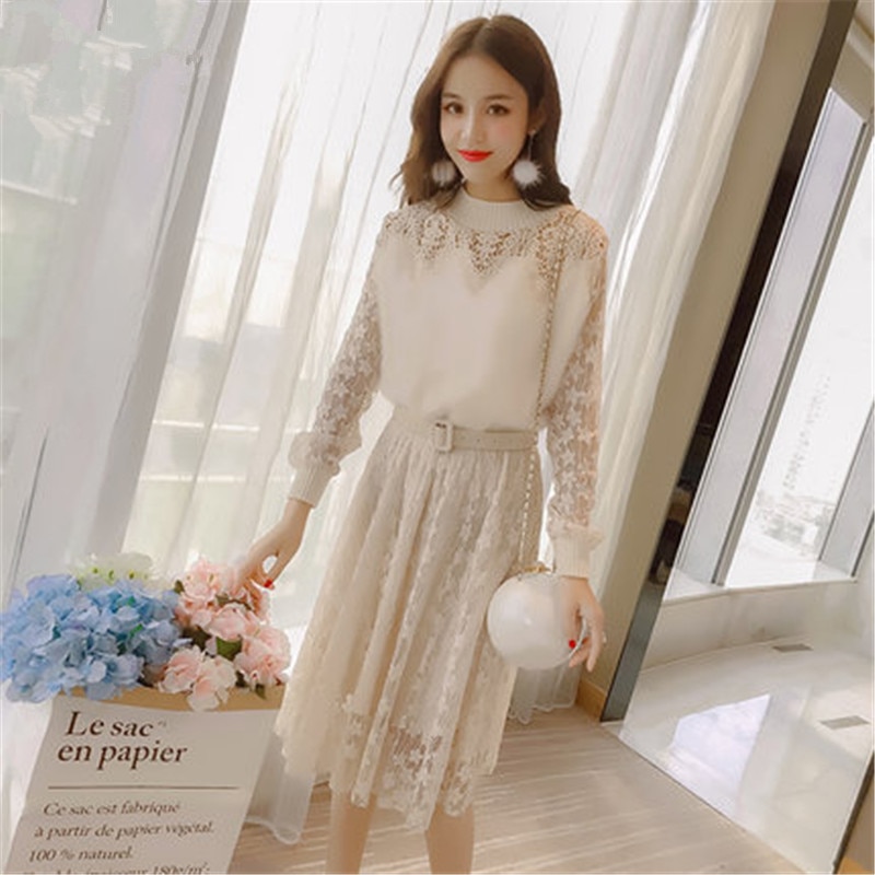 Tcyeek Women Long Dresses Early Spring Female Clothes Lace Knitted Black Dress Girls Clothing LWL130