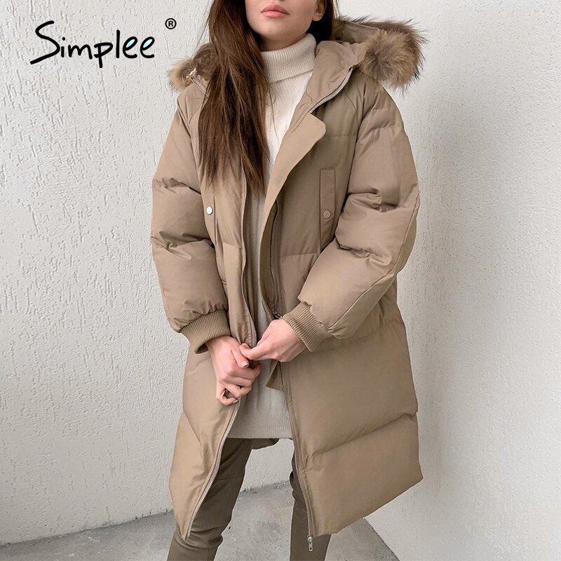 Simplee varm brun høst vinter kvinner parkas high street kontor dame langermet jakke parkas med lue: S