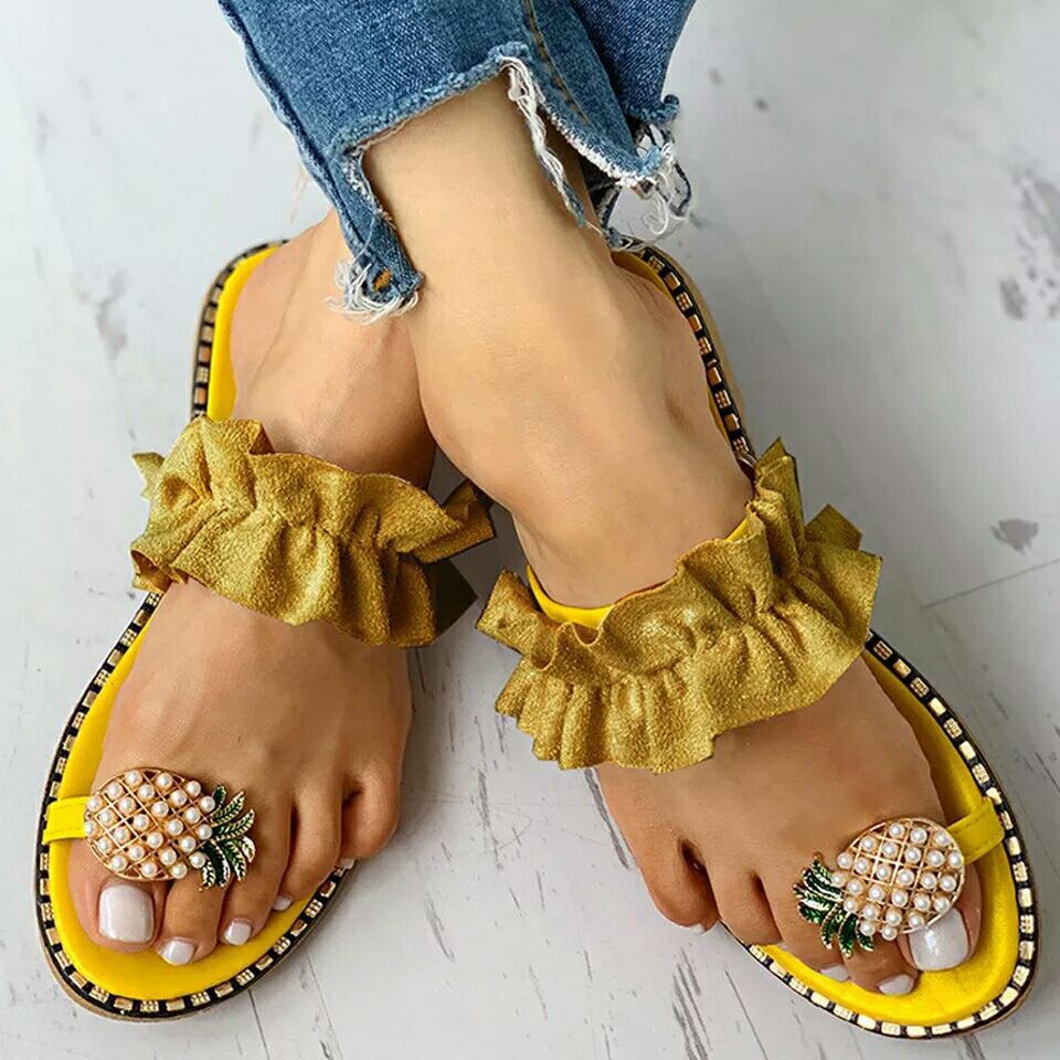 Grande taille 42 femmes sandales d'été bascule bohême ananas chaussures de plage unique doigt confort en plein air pantoufles sauvages pour les filles: Jaune / 36