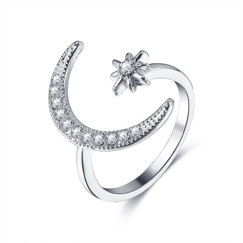 Fingerring sølv farve guld stjerne måne ringe til kvinder bryllupsfest smykker skinne krystal metal blomst åbning anillo