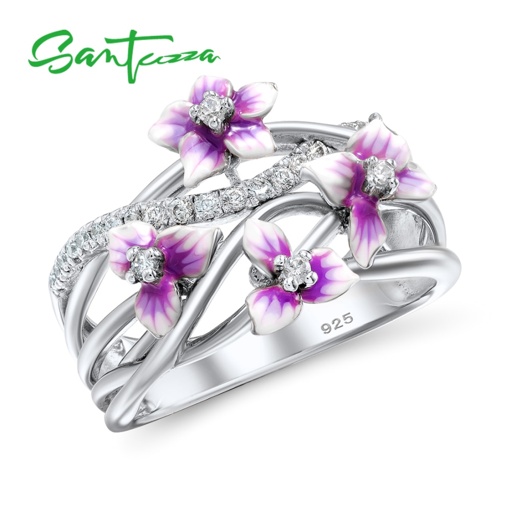 Santuzza Zilveren Ringen Voor Vrouwen 925 Sterling Zilver Delicate Roze Bloem Glanzende Zirconia Ring Party Mode-sieraden Enamel