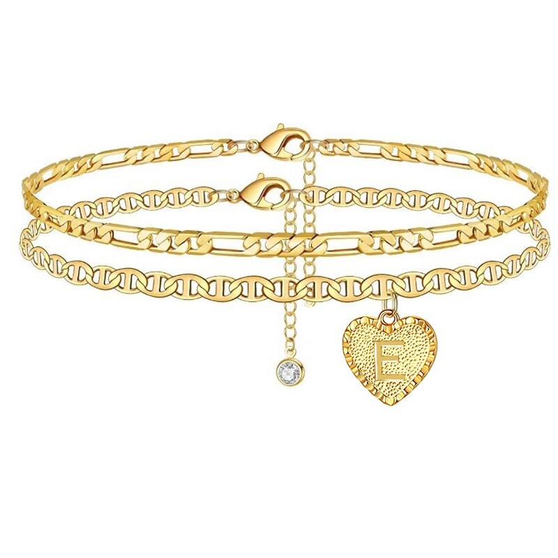 Bracelet de cheville avec initiales en forme de cœur pour femme, bijoux en Zircon doré, accessoires de jambes pieds nus, de fête des mères: E
