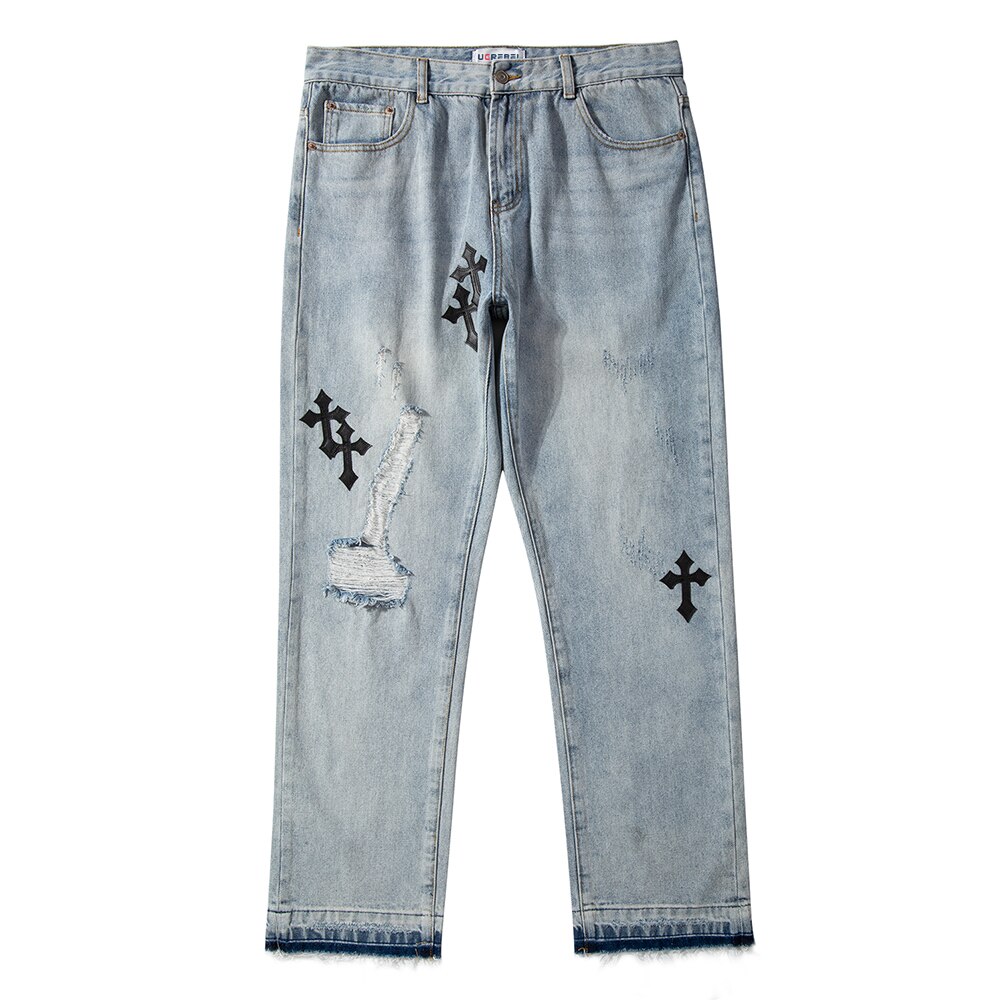 Cross Patch Borduren Ripped Gat Jeans Heren High Street Casual Denim Broek Verontruste Losse Rechte Pijpen Broek Mannen: Black pattern / 34