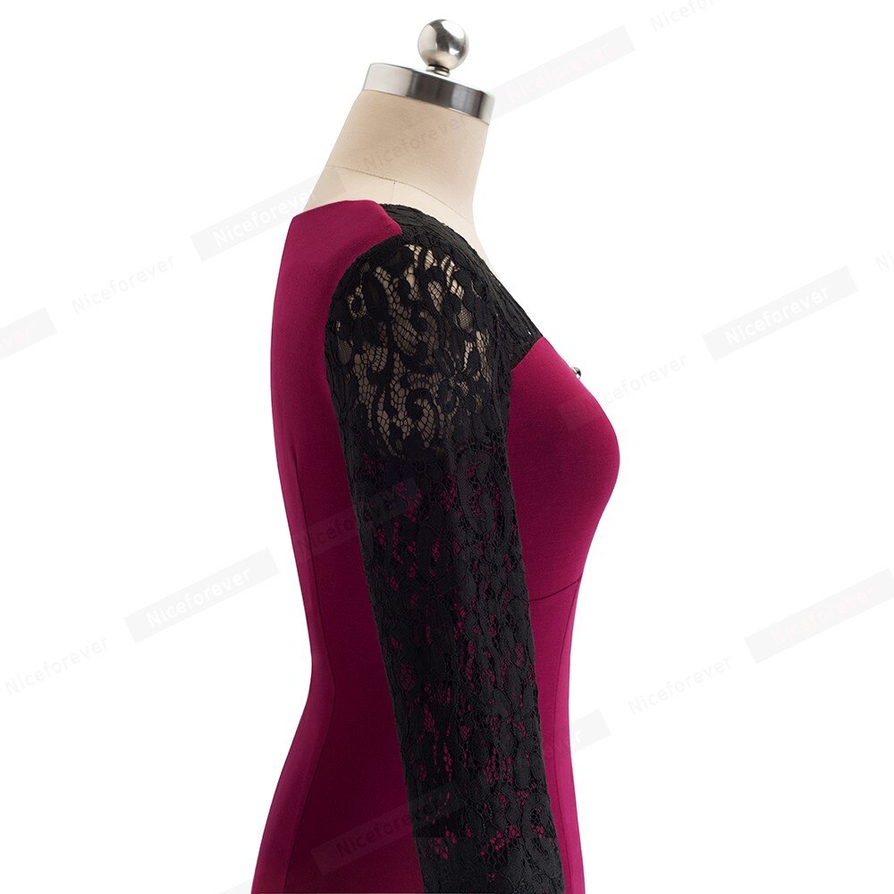 Nice-forever Autumn Women Hollow out Lace Patchwork Dresses Business Party Bodycon Fitted Female Dress btyB486