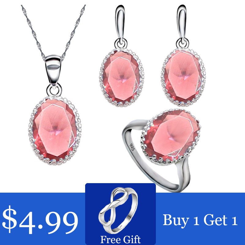 Red Ruby 925 Sterling Silver Jewelry Set for Women Free Ring Necklace Pendant Wedding Jewelry: Red / 6