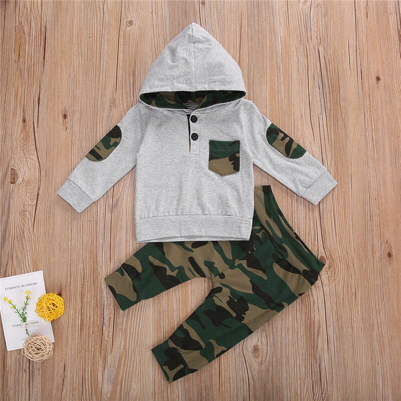 Babykläder Set för Pojkar - Kamouflageprint Huvtröja Långärmad Pullover Topp + Byxor 2-delat