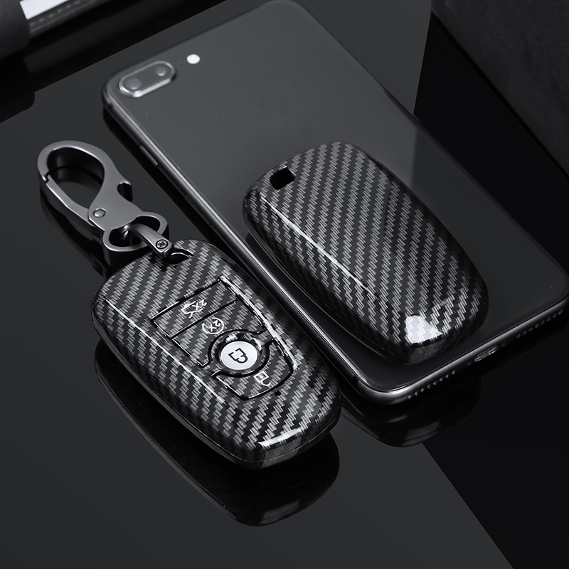 Carbon Fiber ABS Car Key Case For Ford Mustang EcoSport 3 4 Buttons Smart Remote Fobs Shell Cover Keys Bag Keychain Auto: 4 Button Sliver