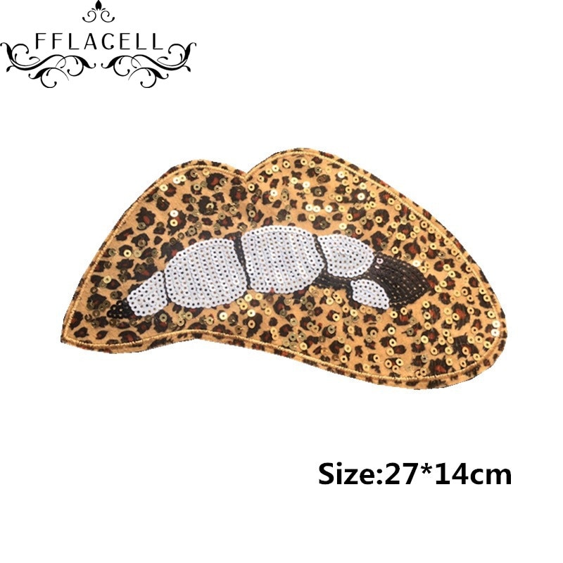 Fflacell diy luipaard lip mond patches applicatie naaien handgemaakte bling bling pailletten patch voor kleding geborduurd
