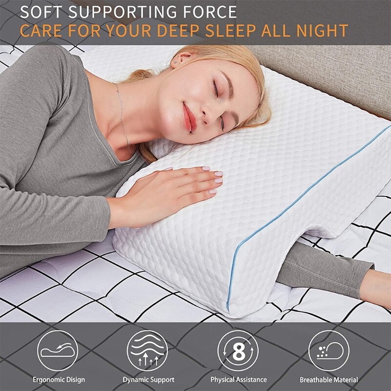 Oreiller de couple avec repose-bras en mousse à mémoire de forme, Anti-pression des mains, soulagement de la douleur au cou, coussin Cervical de couchage arqué