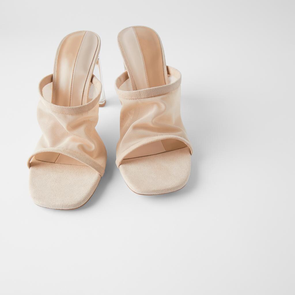 Nuevas sandalias transparentes de malla para mujer, Sandalias de tacón alto con punta cuadrada, sandalias de cuero de ante con punta abierta para mujer, zapatos transparentes de verano