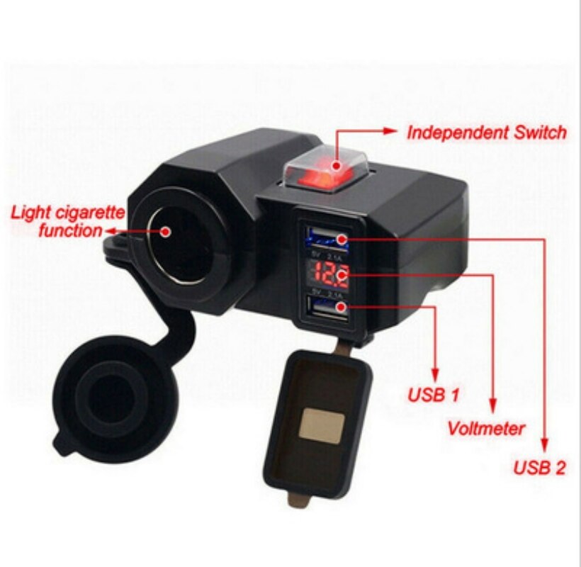 Chargeur Usb étanche 12v pour véhicule de moto, prise allume-cigare, téléphone, Gps, interrupteur de voltmètre