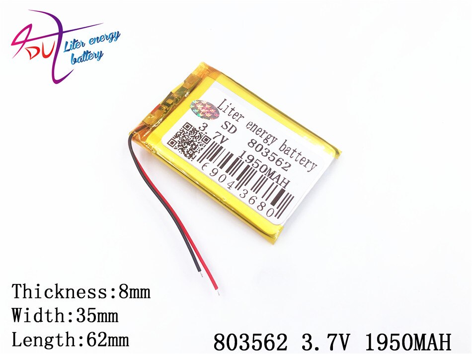 1pcs 3.7V,1950mAH 803562 polymer lithium ion / Li-ion battery for model aircraft,GPS,mp3,mp4,cell phone,speaker,bluetooth