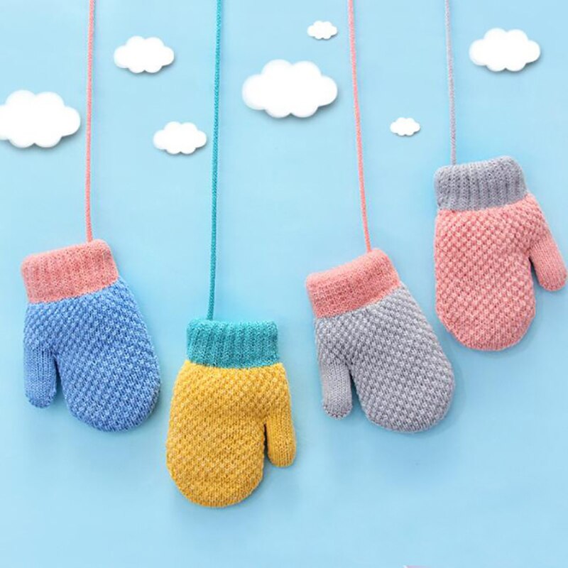 Children Mittens Winter Knitted Rope Gloves Solid color Full Finger Gloves Cartoon Children Toddler Kids Hanging Neck Gloves