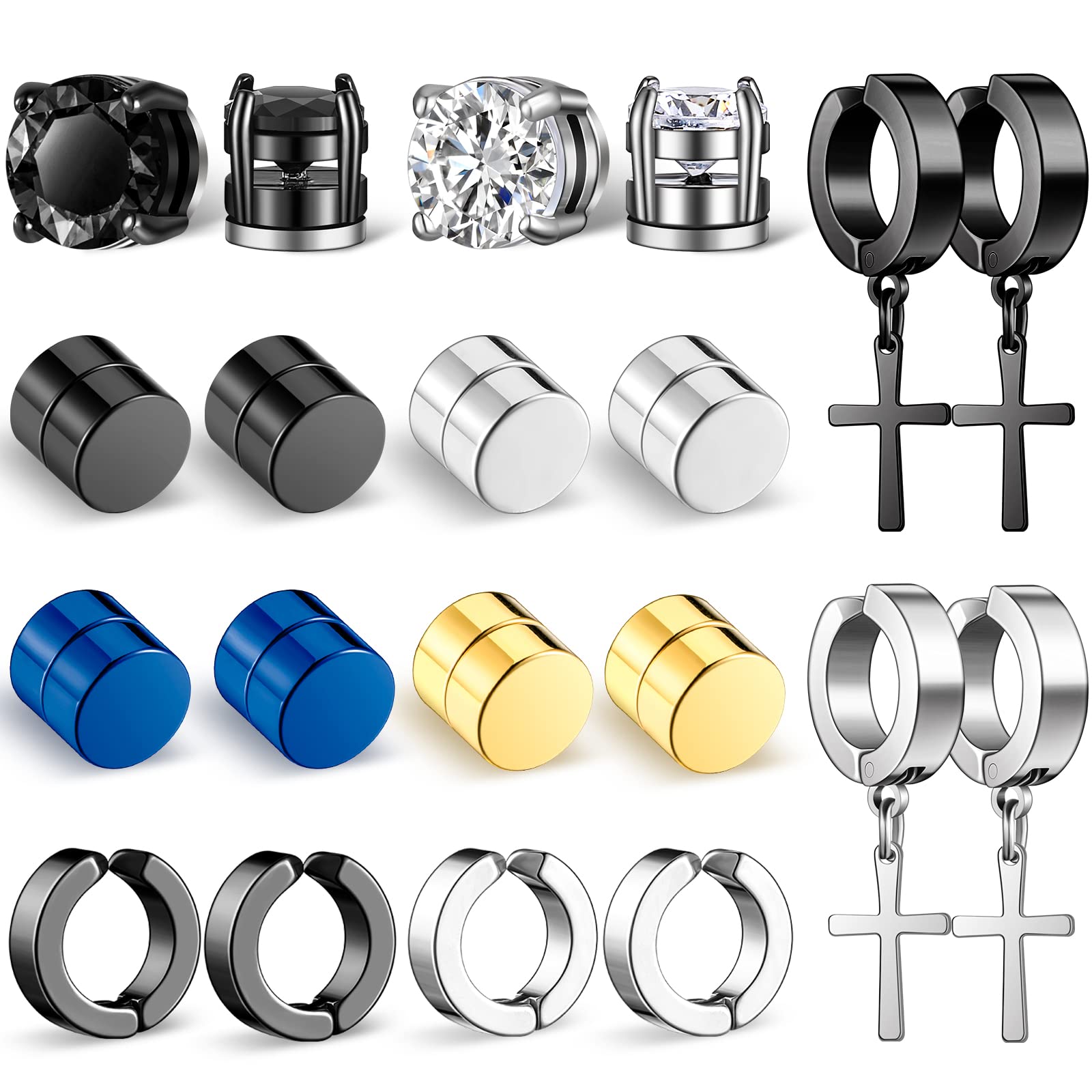 10 paia di orecchini a bottone magnetici in acciaio inossidabile Non penetranti orecchini a cerchio pendenti Clip Unisex su Set di orecchini a magnete CZ: 10 Pairs Set Mix