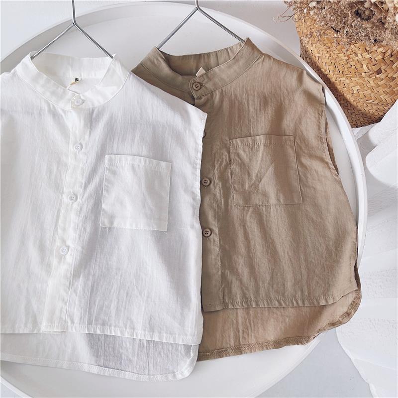Jongens Mouwloos Shirt Met Pocket 2022 Zomer Koreaanse Kinderen Effen Kleur Casual Button Shirts Knappe Kinderkleding WT763