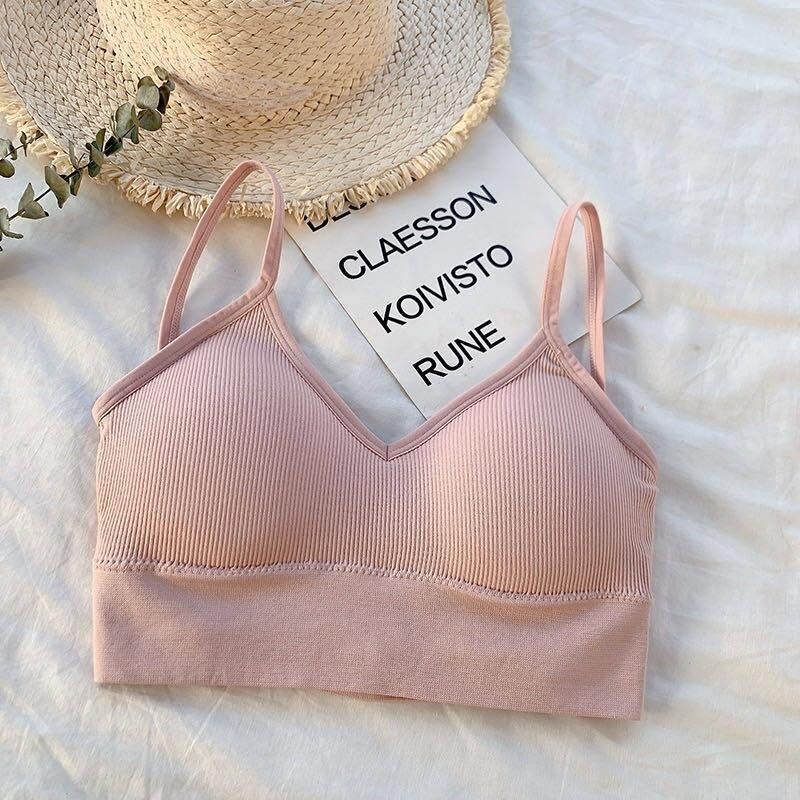 Cross sling big U-shaped back wrapped chest bra no steel ring girl with chest cushion bottoming backless underwear girl: Pink