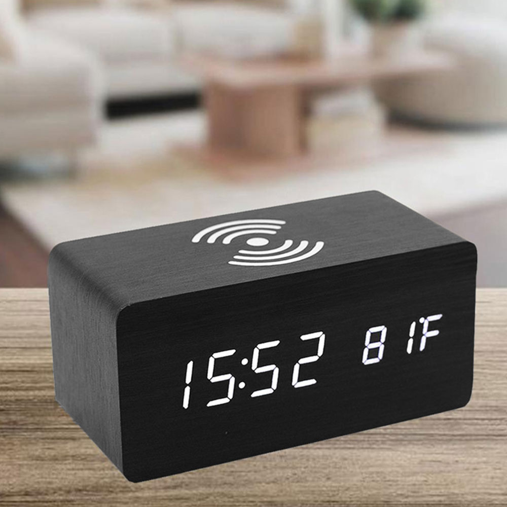 Electric LED Alarm Clock with Phone Wireless Charger Desktop Digital Thermometer Clock with Date 12/24 H Switch: Default Title