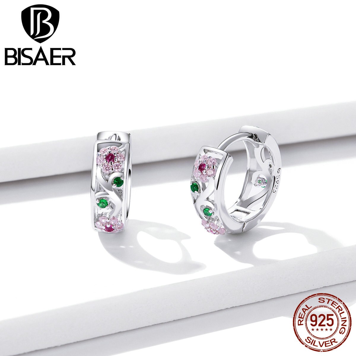 Colorful Flowers Jewelry Sets BISAER 925 Sterling Silver Pink Zircon Ring & Hoop Earrings For Women Luxury Jewelry