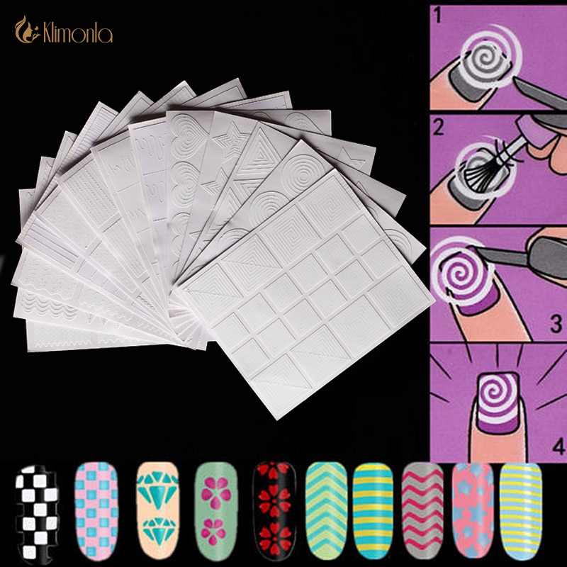 12 Stijl/set Nail Stickers DIY Hollow Stencil Gids Franse Geometrie Streep Wervelingen Nail Art Vinyls Strip Template Decal Kit Tools