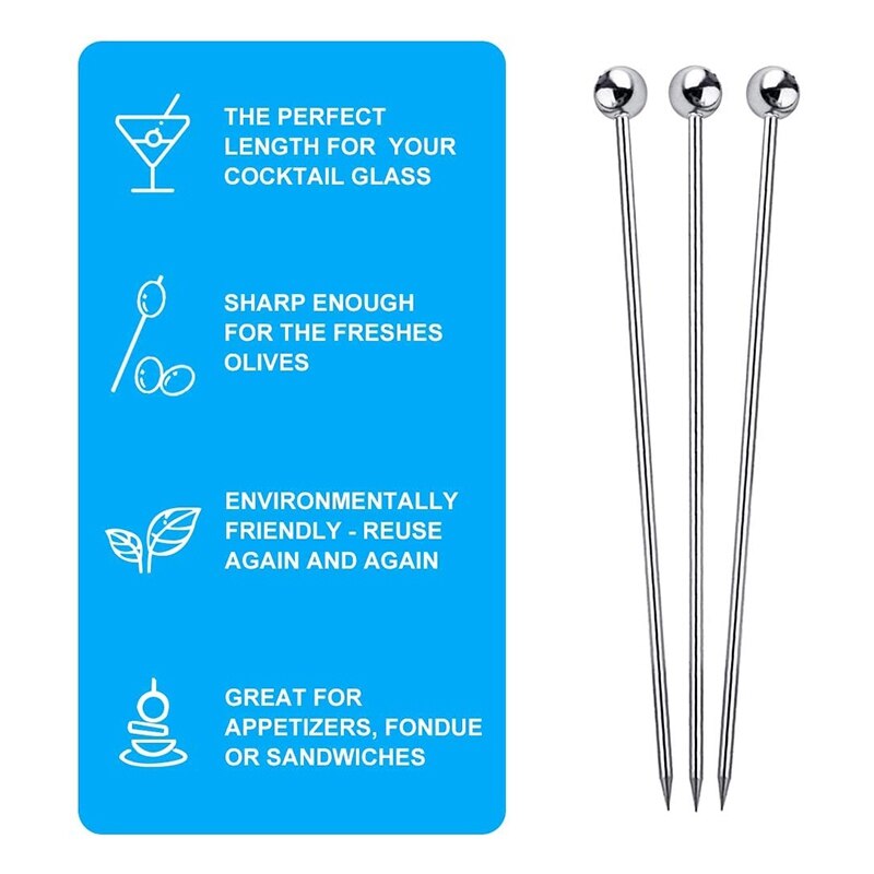 15Pcs Cocktail Picks, 4 Inch Reusable Stainless Steel Martini Picks Cocktail Toothpicks for Olives Appetizers Sandwich