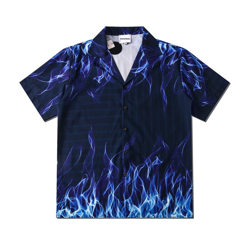 Blue Flame Print Shirts Men Streetwear Hip Hop Mens Hawaiian Shirt Harajuku Summer Beach Shirt Hawaii Tops Short Sleeve: L