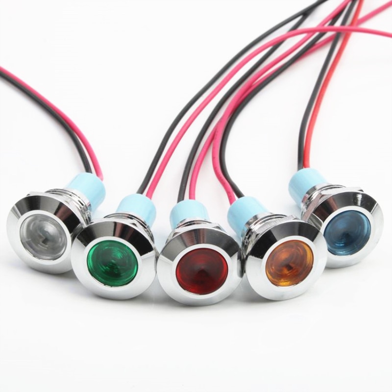 1pcs 12mm Flat head LED Metal Indicator light 12mm waterproof Signal lamp 6V 12V 24V 220v with wire red yellow blue green white