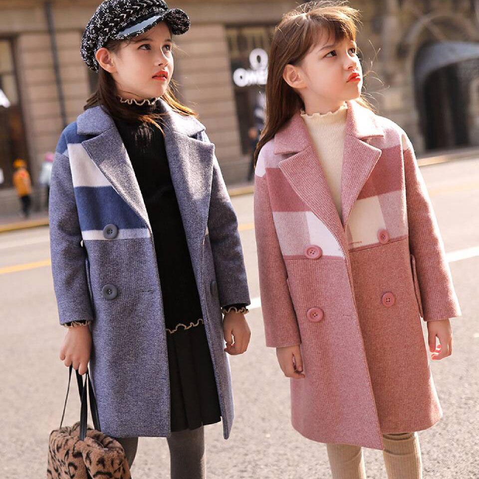 Baby jenter barn ull jakker kåpe vinter barn lang rutete småbarn jente yttertøy til jente 4 5 6 7 8 9 10 11 12 13 år