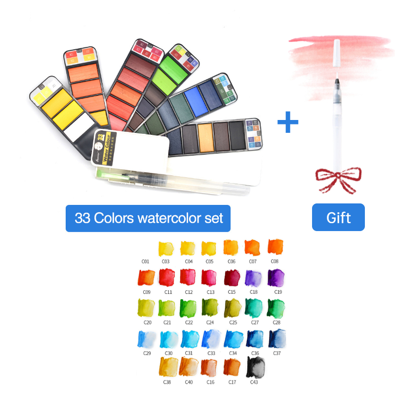 8/25/33/42 Solide Aquarel Verf Set Met Water Borstel Pen Opvouwbare Reizen Water Kleur Pigment Voor Draw: 33colors set