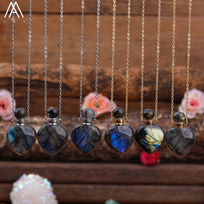 Arco-íris labradorite garrafa de óleo essencial perfume garrafa pingente colar moda feminina coração gem pedra jóias presente dropship