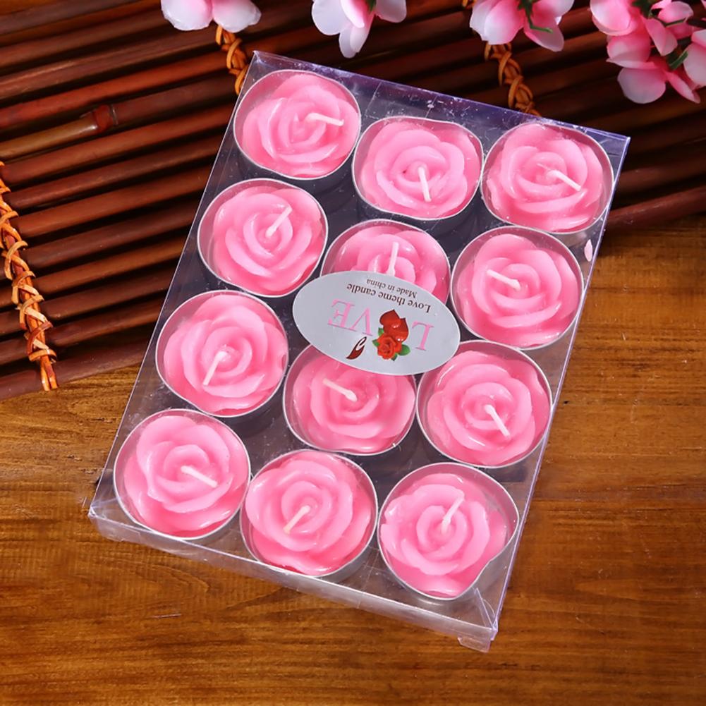 12PCS Romantic Candles Red Pink Rose Shape Candle Wedding Valentine's Day Decoration Candlelight Dinner Ornaments Art Candles: Pink