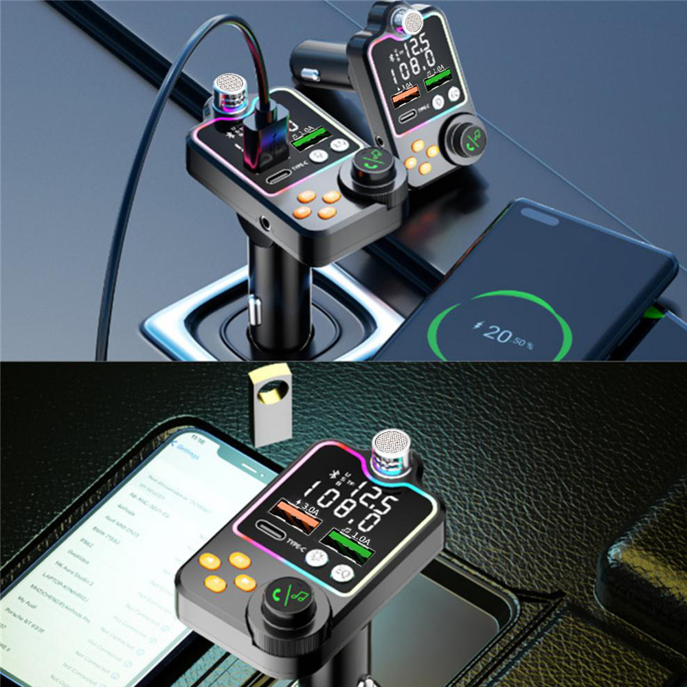 Bluetooth 5.0 Car FM Transmitter Dual USB Car Charger PD Type-C Fast Charging Wireless Handsfree Call Audio Receiver MP3 Player