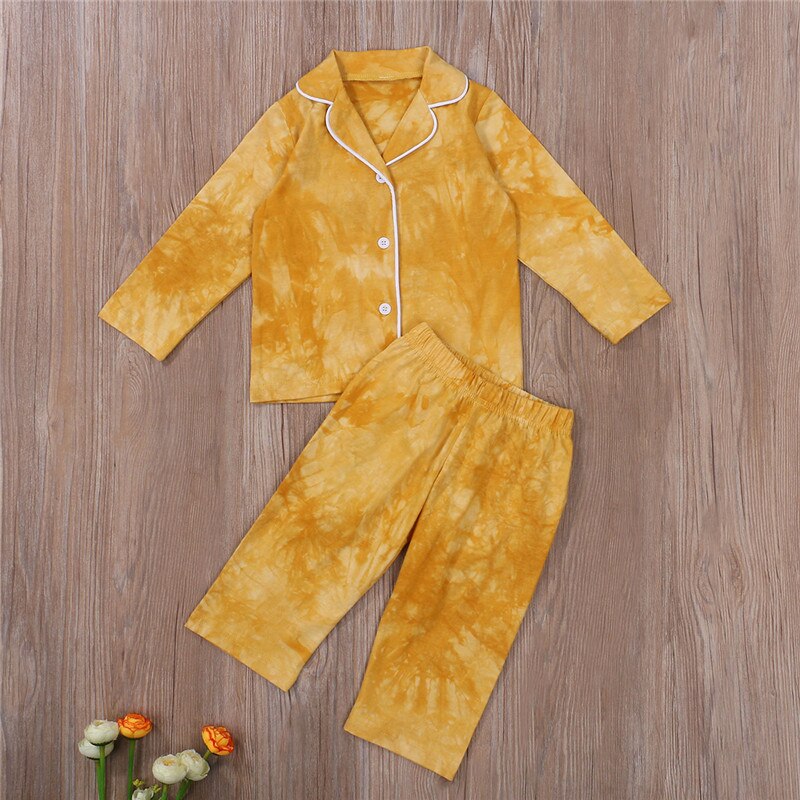 Kids Casual Herfst Lente Pyjama Set 2 Stuks Tie Dye Geschilderd Lange Mouwen Kleding Jongens Meisjes Knoppen Top Broek Nachtkleding kleding 1-6Y