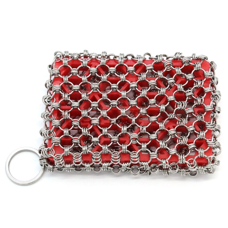 Kitchen Accessories Cast Iron Stainless Steel Cleaner Chainmail Scrubber For Skillet Wok Pot Pan Pre-seasoned Barbecue: Red3 Rings