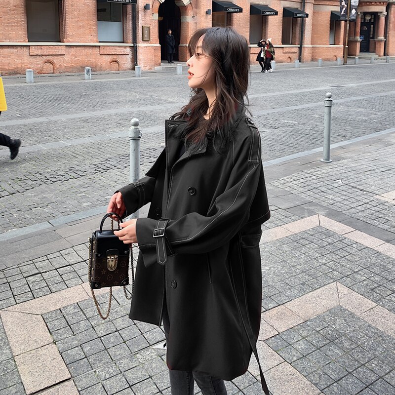 FTLZZ Autumn Winter Female Trench Turn-down Collar Double Breasted Coat Vintage Belt Solid Trench Outwear