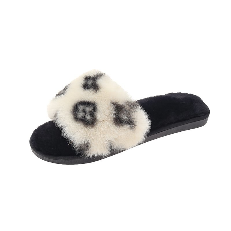 Varme sko kvinde vinter tøfler imiteret pels kvinder tøfler slip on flip flops pels tøfler kvindelige slides plus str.: Beige / 8.5