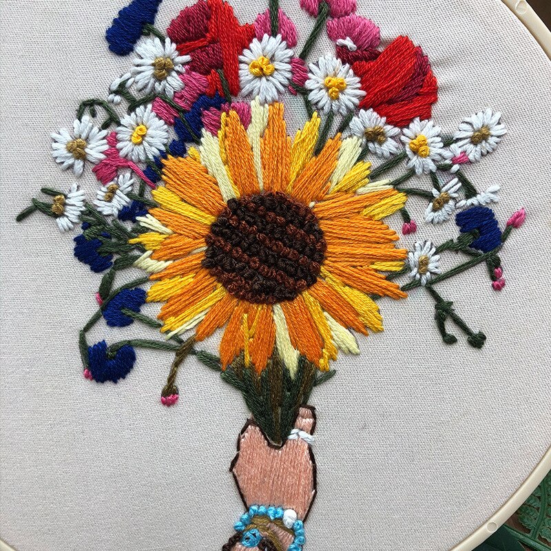 Bouquet Pattern Beginner Handmade Art Needlework Material DIY Kits Embroidery Fabric Sewing Craft Set Home Decor