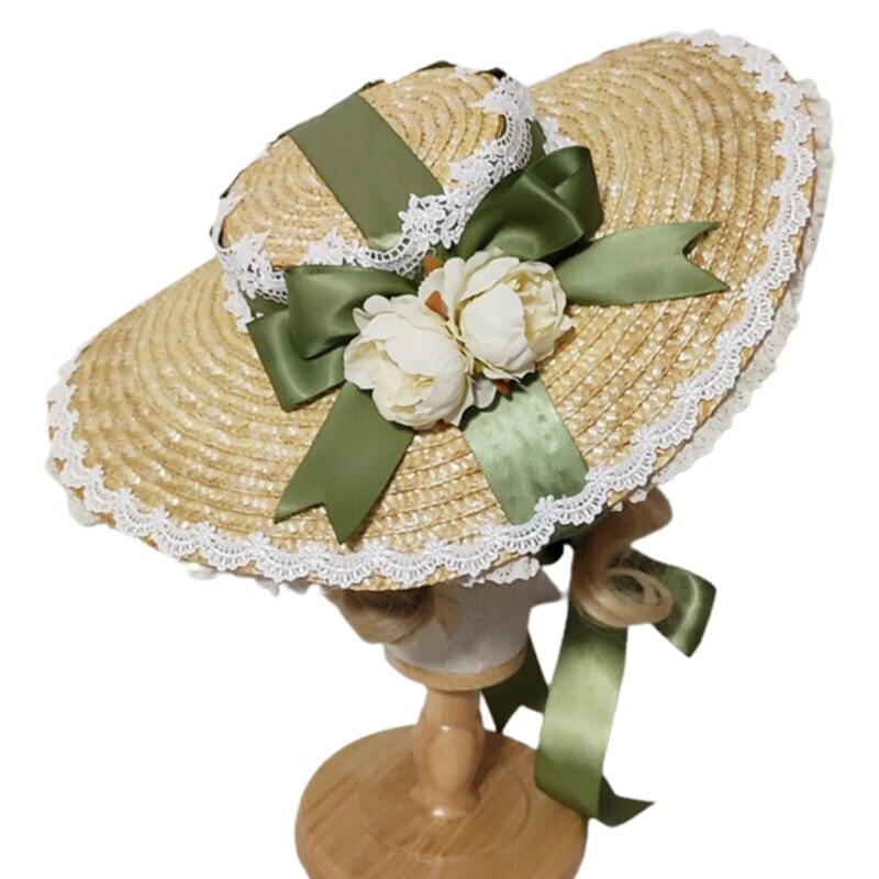 Japanese Lolita Sweet Handmade Straw Sun Hat Lace Patchwork Ribbon Bandage Bowknot Wide Brim Tea Party Flat Cap: GN