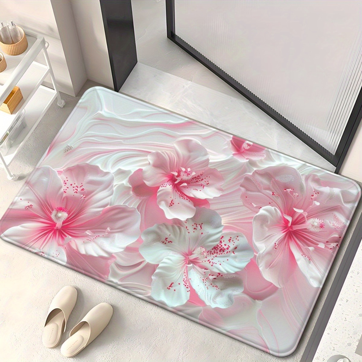 Pastel Pink Hibiscus Floor Mat: Soft Floral Pattern Anti-Slip Door Mat for Bathroom Living Room Kitchen Home Decor: 1000mmx1000mm / WHITE