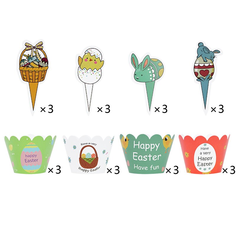 24pcs Happy Easter Cupcake Wrapper with Rabbit Cake Toppers Easter Party Bunny Egg Cake Baking Decoration Kids Birthday Party