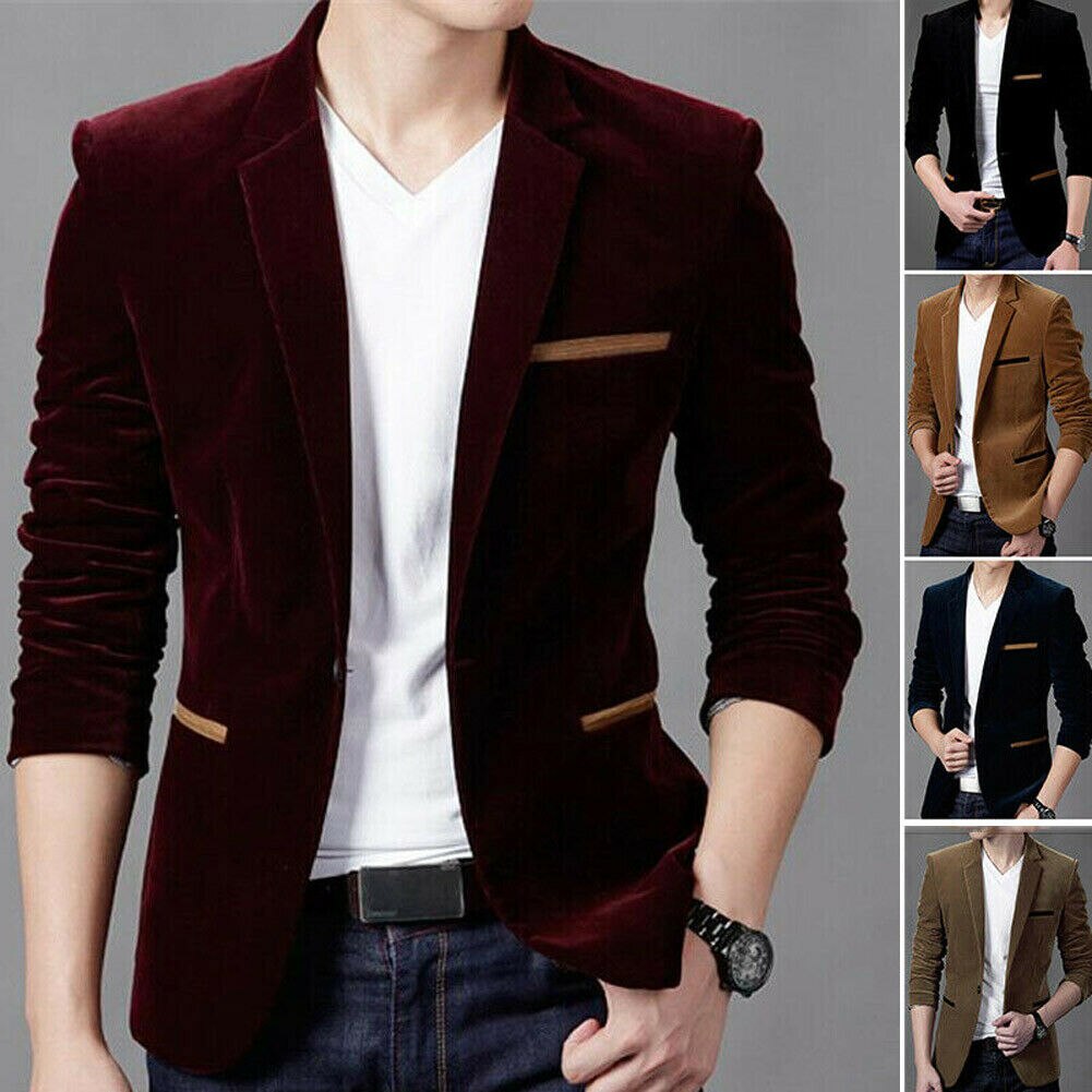 Men's Formal Suit Blazer Coat Corduroy Wedding Business Casual One Button Slim Fit Jacket Tops