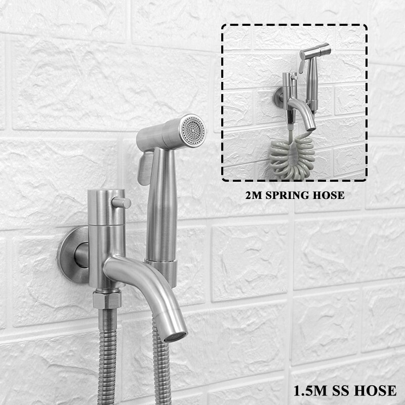 Toilet Bidet Tap Faucet Brushed Stainless Steel Portable Shower Bathroom Bidet Wall Mounted Mop Washer Tap with Shattaf Holder