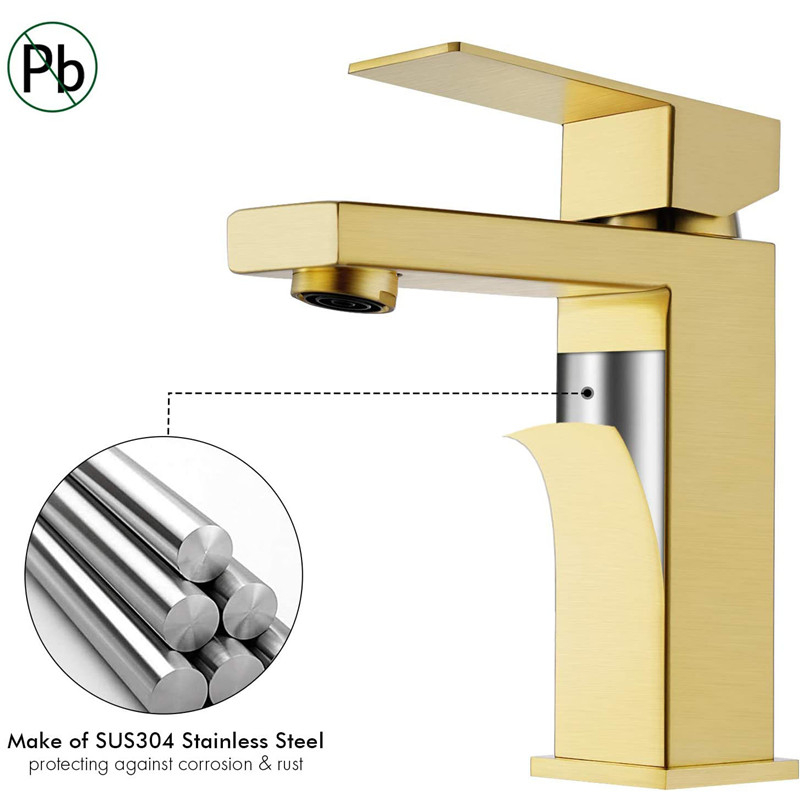 Geborsteld Goud Badkamer Kraan Enkel Gat Moderne Vanity Kraan Enkel Handvat 304 Roestvrij Staal Badkamer Wastafel Kraan