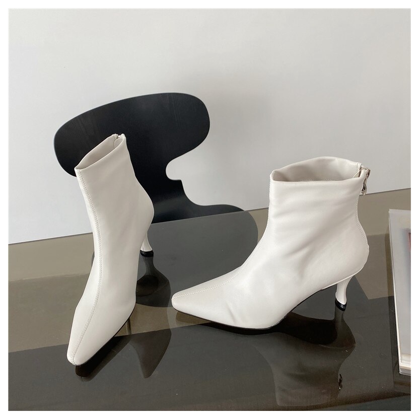 Spiss tå tynne hæler støvler kvinner chelsea vår høst ankelstøvletter støvletter kvinnelig elastisitet damesko: L.beige / 5